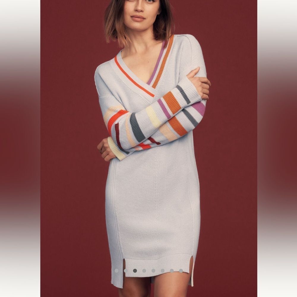 Daily Practice x Anthropologie V-Neck Gray Midi Dress with Colorful Stripes
